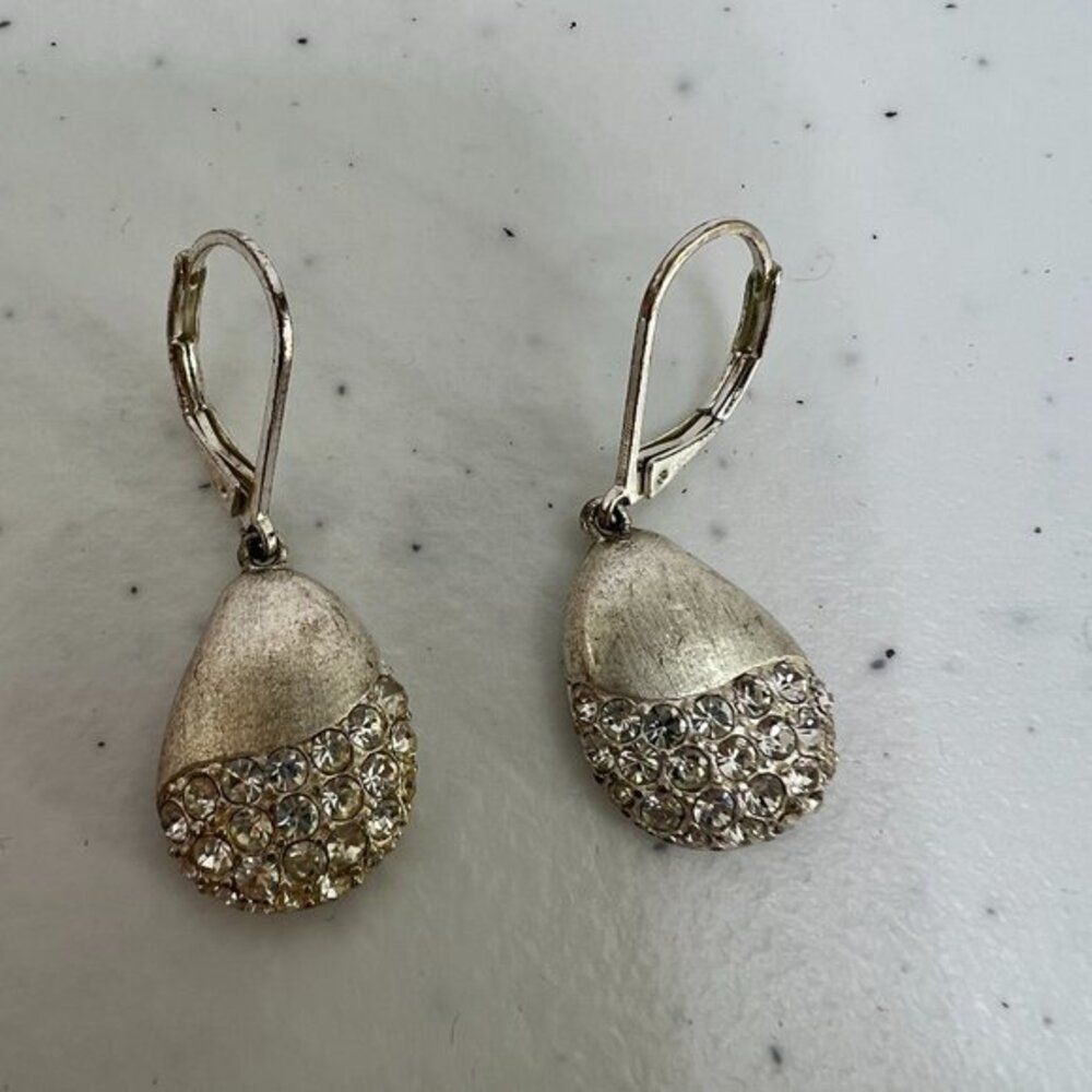Rhinestone Earrings Silver Tone Teardrop Dangle Matte Drop‎ Everyday